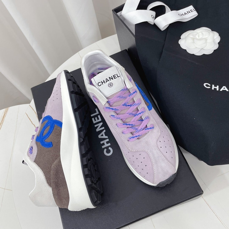 Ch*el suede kidskin sneaker light purple, blue & dark gray