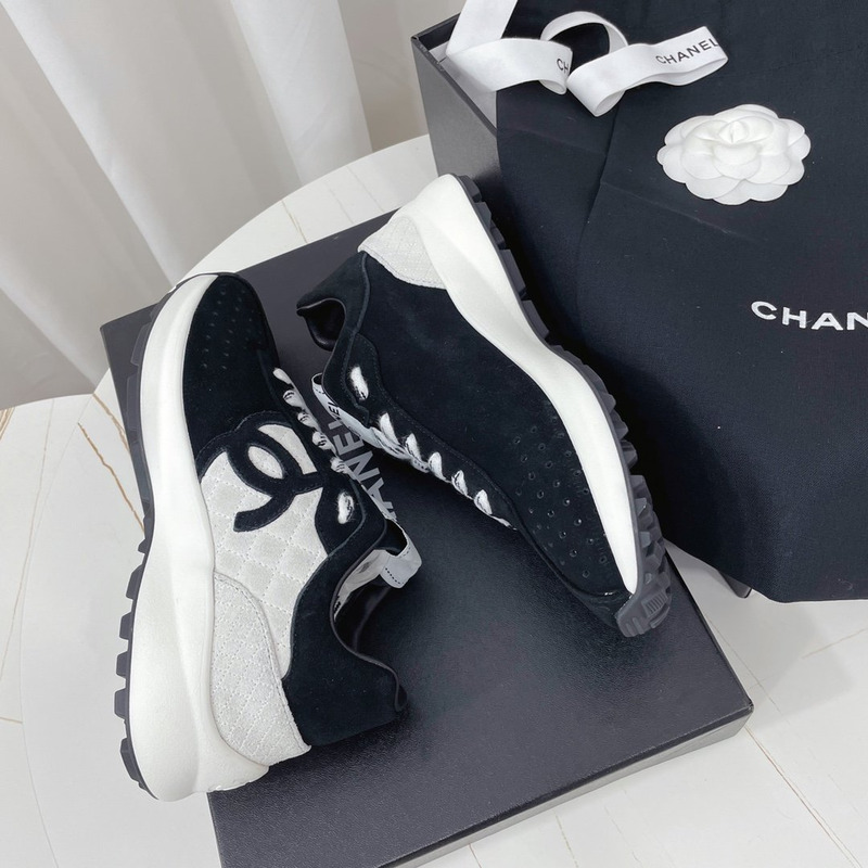 Ch*el fabric & suede kidskin sneaker black & grey