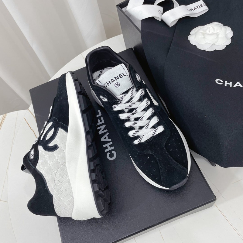 Ch*el fabric & suede kidskin sneaker black & grey