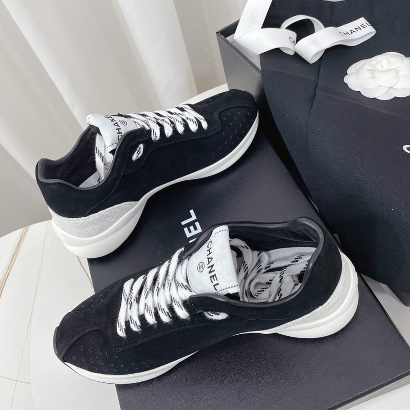 Ch*el fabric & suede kidskin sneaker black & grey