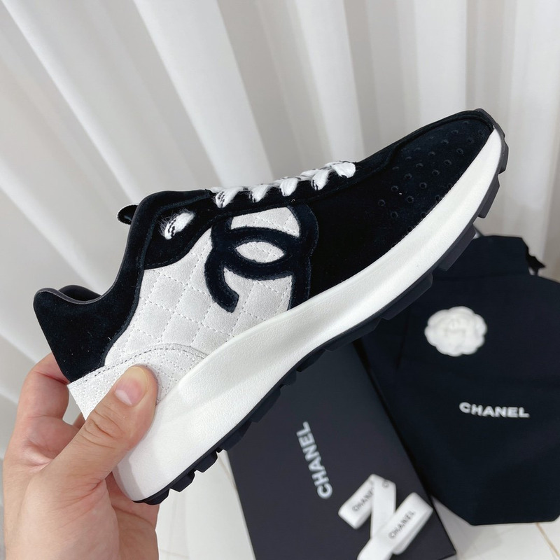 Ch*el fabric & suede kidskin sneaker black & grey