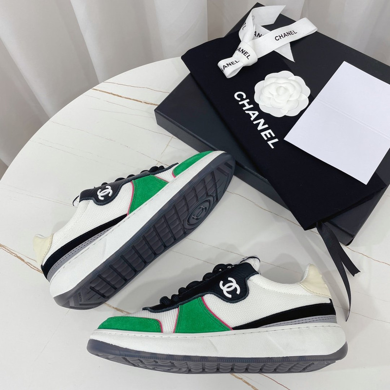 Ch*el fabric calf suede & caviar calf leather white green & black