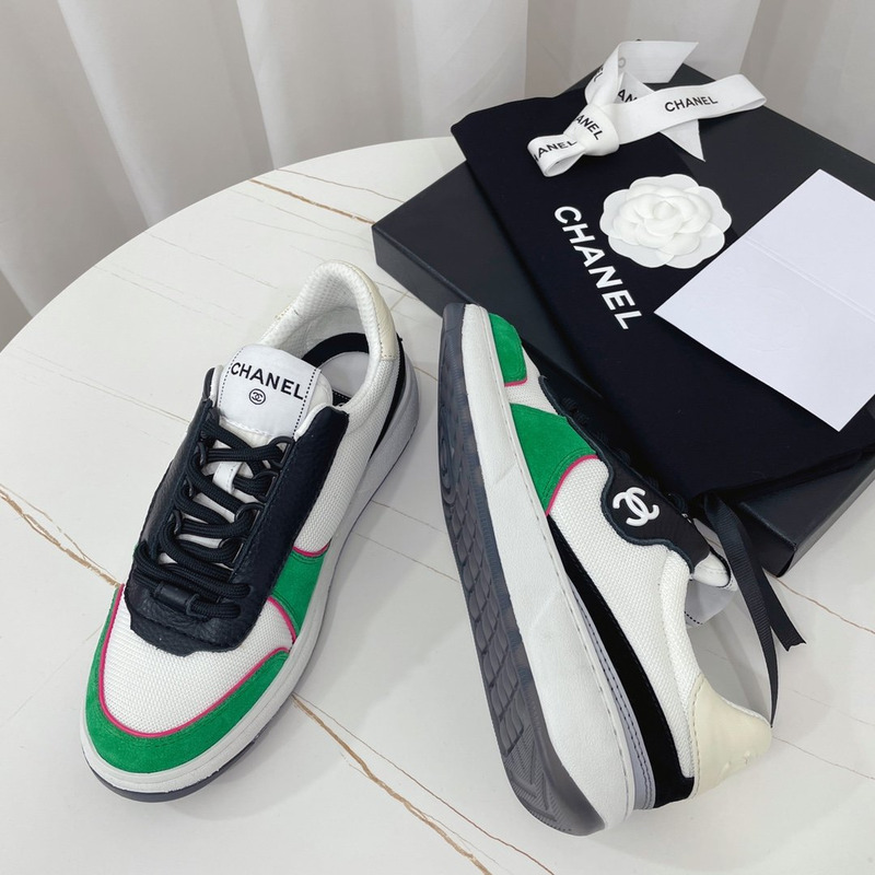 Ch*el fabric calf suede & caviar calf leather white green & black