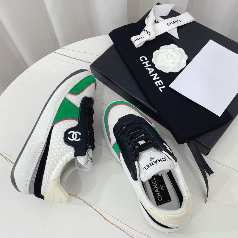 Ch*el fabric calf suede & caviar calf leather white green & black