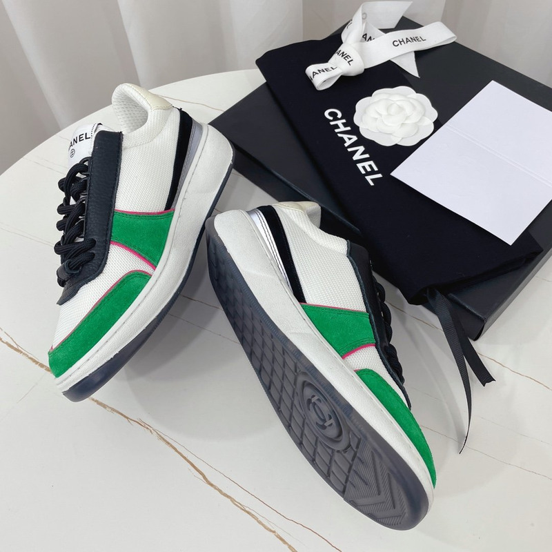 Ch*el fabric calf suede & caviar calf leather white green & black