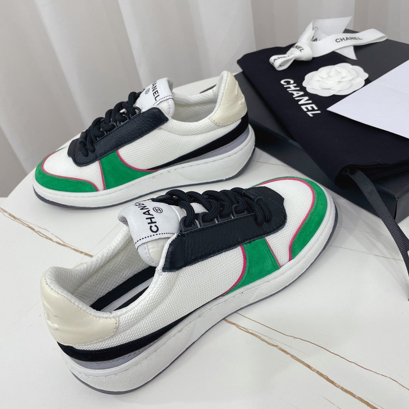 Ch*el fabric calf suede & caviar calf leather white green & black