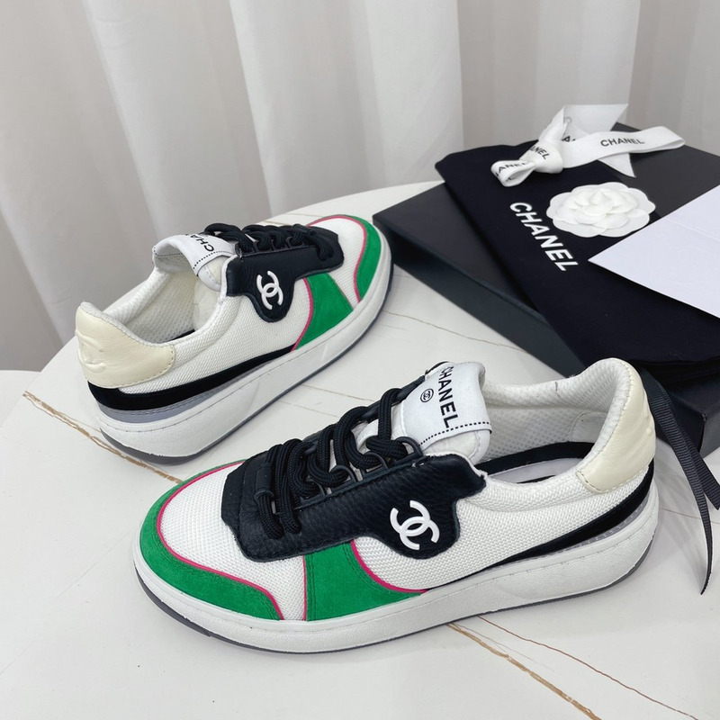 Ch*el fabric calf suede & caviar calf leather white green & black