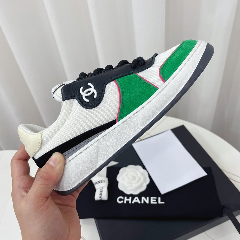 Ch*el fabric calf suede & caviar calf leather white green & black