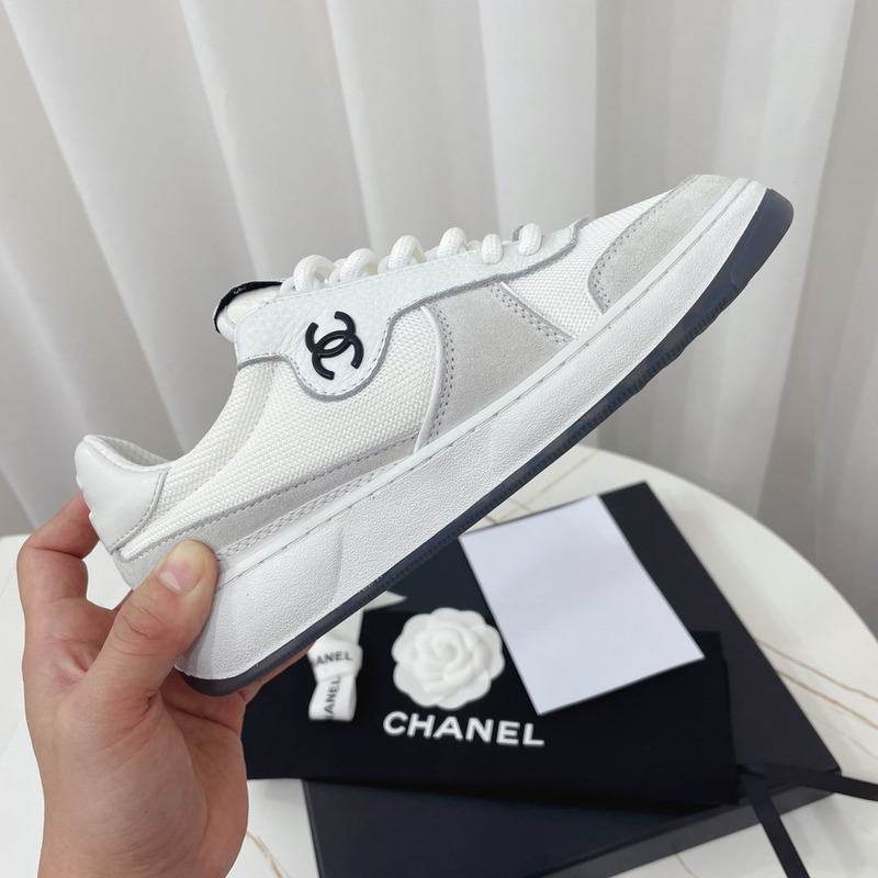 Ch*el fabric calf suede & caviar calf leather white grey & white