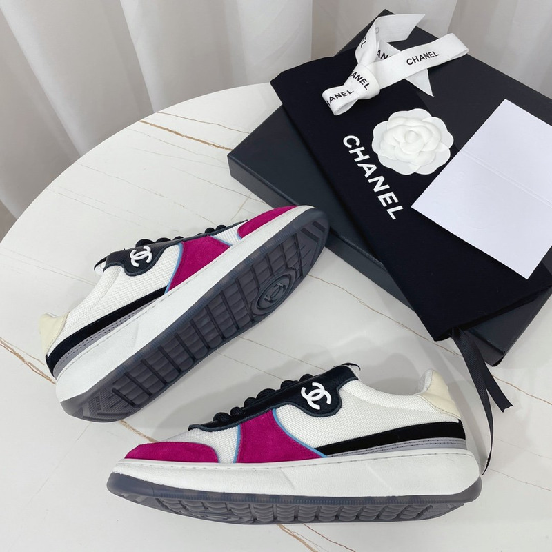 Ch*el fabric calf suede & caviar calf leather white dark pink & black