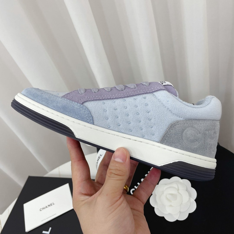 Ch*el calfskin sneaker light blue purple