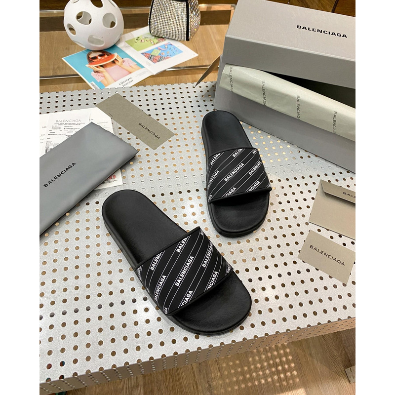 Ba*len*cia*ga rubber slides stripe logo piscine black