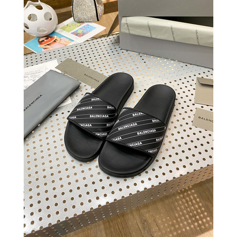 Ba*len*cia*ga rubber slides stripe logo piscine black