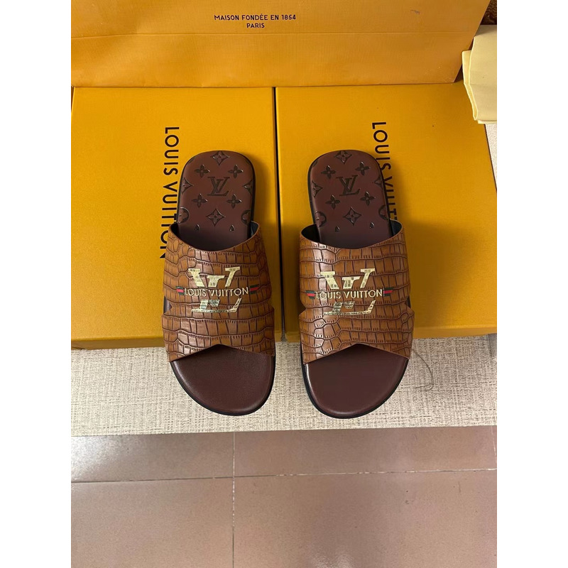 l**is V*t*n gold logo croc-embossed monogram mules brown