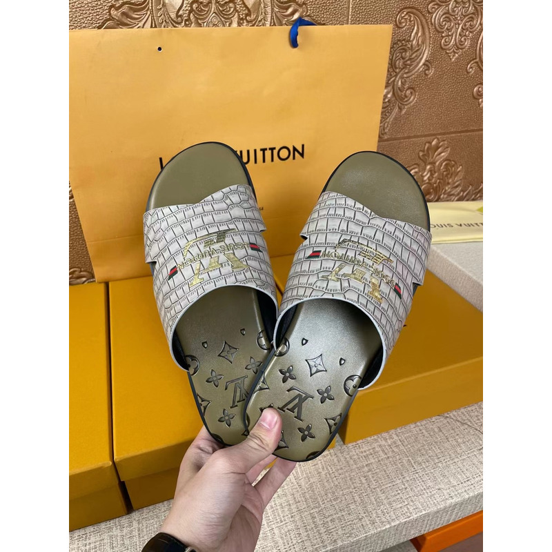 l**is V*t*n gold logo croc-embossed monogram mules silver khaki green