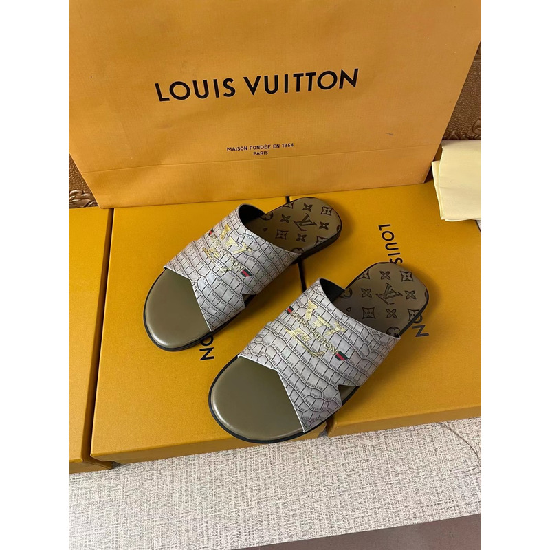 l**is V*t*n gold logo croc-embossed monogram mules silver khaki green