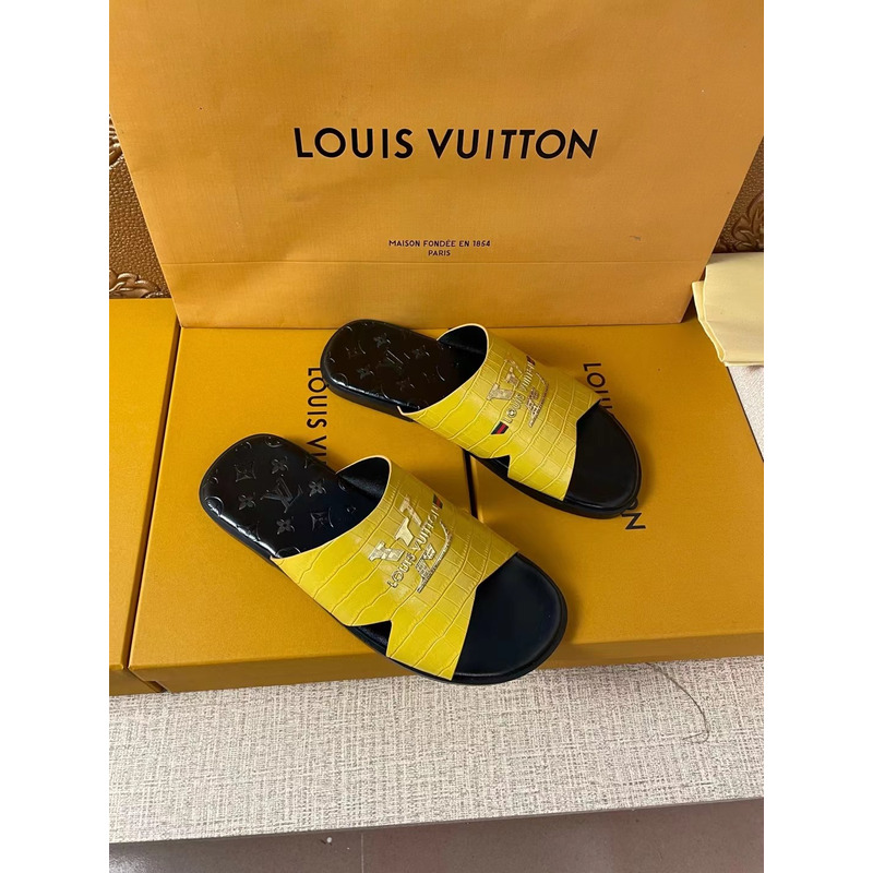 l**is V*t*n gold logo croc-embossed monogram mules yellow