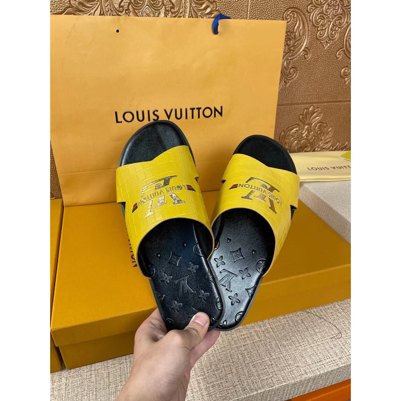 l**is V*t*n gold logo croc-embossed monogram mules yellow