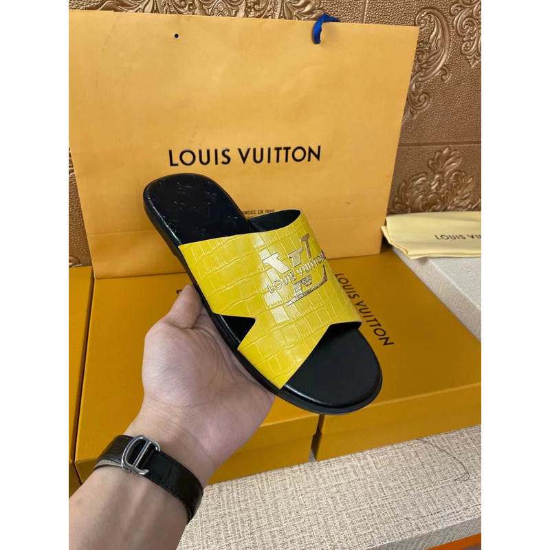 l**is V*t*n gold logo croc-embossed monogram mules yellow