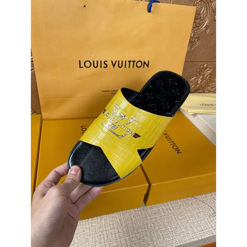 l**is V*t*n gold logo croc-embossed monogram mules yellow