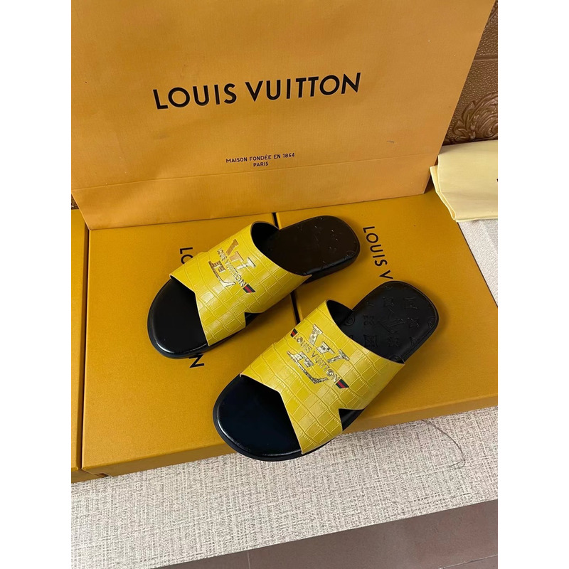 l**is V*t*n gold logo croc-embossed monogram mules yellow