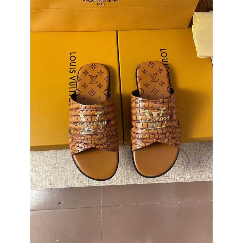 l**is V*t*n gold logo croc-embossed monogram mules brown