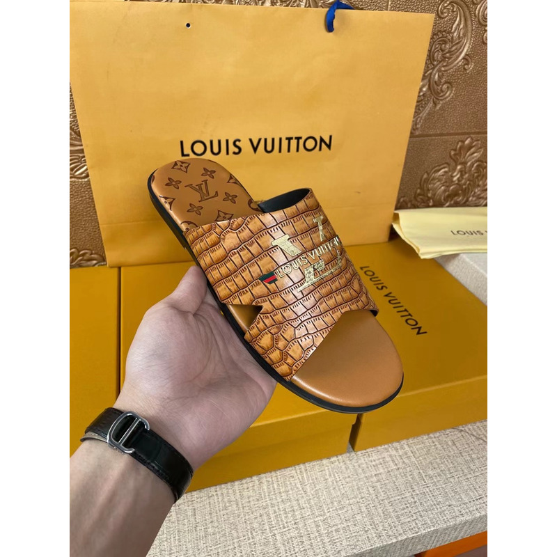 l**is V*t*n gold logo croc-embossed monogram mules brown