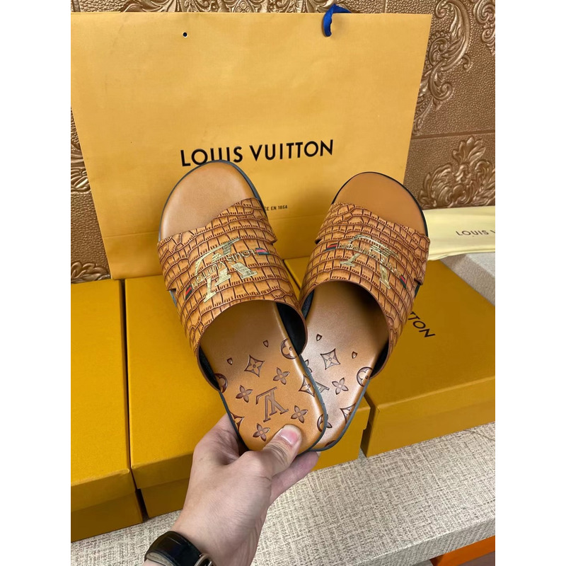 l**is V*t*n gold logo croc-embossed monogram mules brown