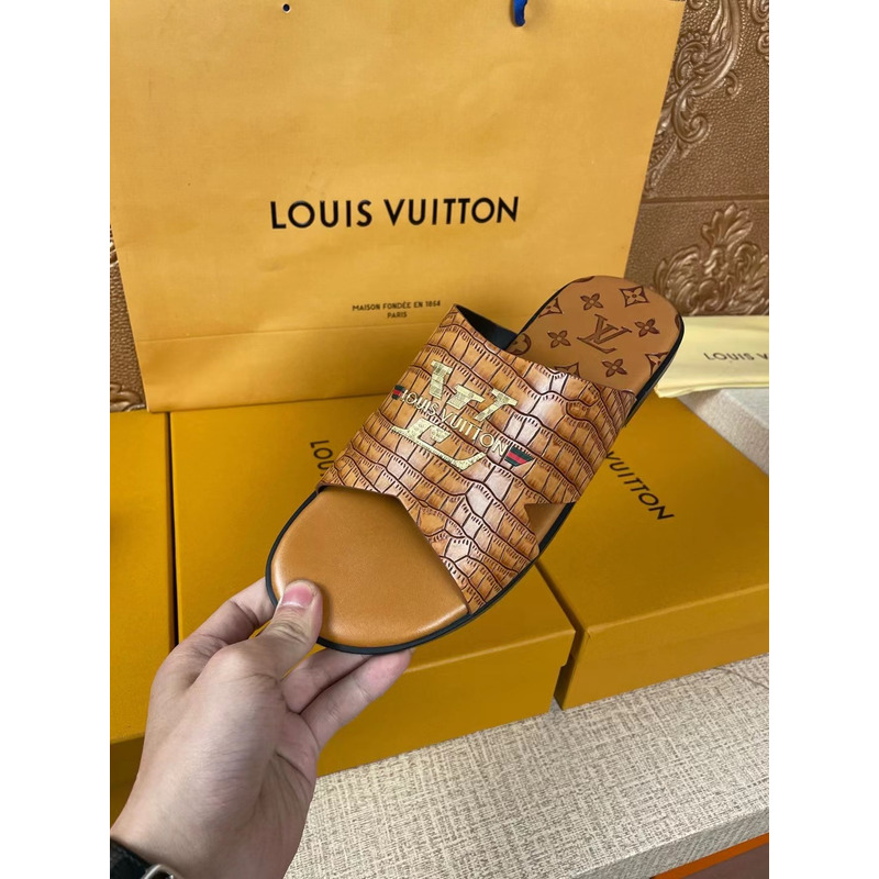 l**is V*t*n gold logo croc-embossed monogram mules brown