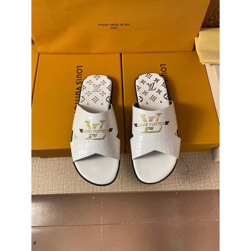 l**is V*t*n gold logo croc-embossed monogram mules white