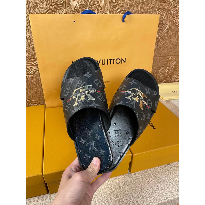 l**is V*t*n gold logo monogram mules black