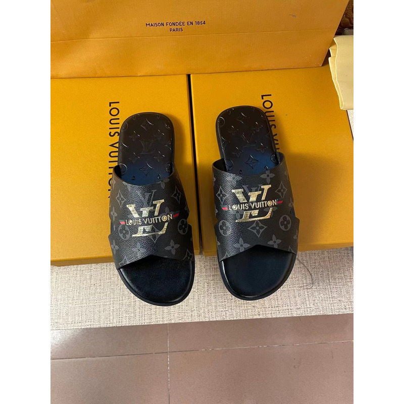 l**is V*t*n gold logo monogram mules black