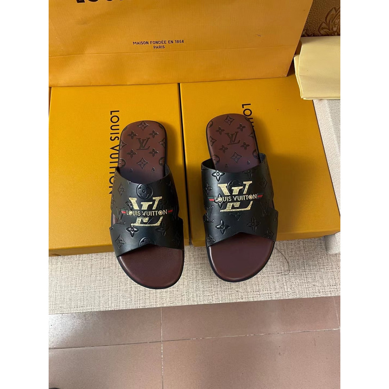 l**is V*t*n gold logo embossed monogram mules black/brown