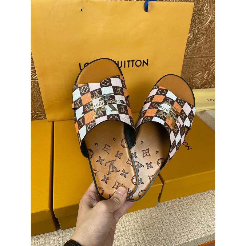 l**is V*t*n gold logo multi-color monogram mules brown