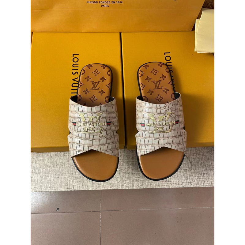 l**is V*t*n gold logo croc-embossed monogram mules white/brown