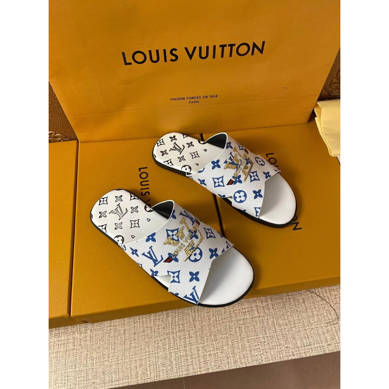 l**is V*t*n gold logo blue monogram mules black