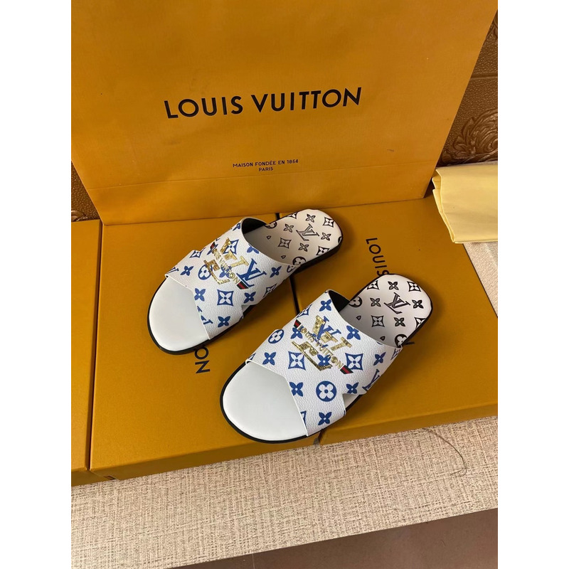 l**is V*t*n gold logo blue monogram mules black