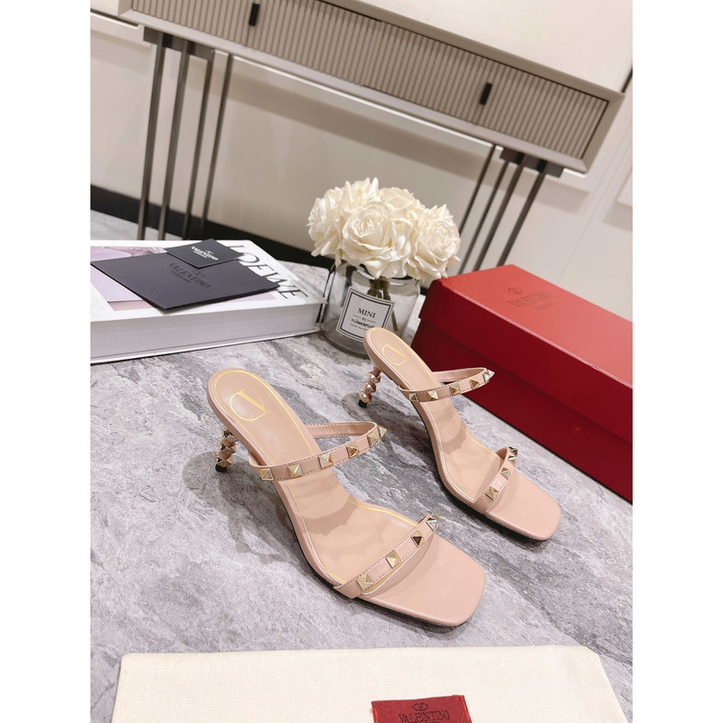 Valentino Garavani 70mm Rockstud 2-Band Slide Sandals Rose Cannelle