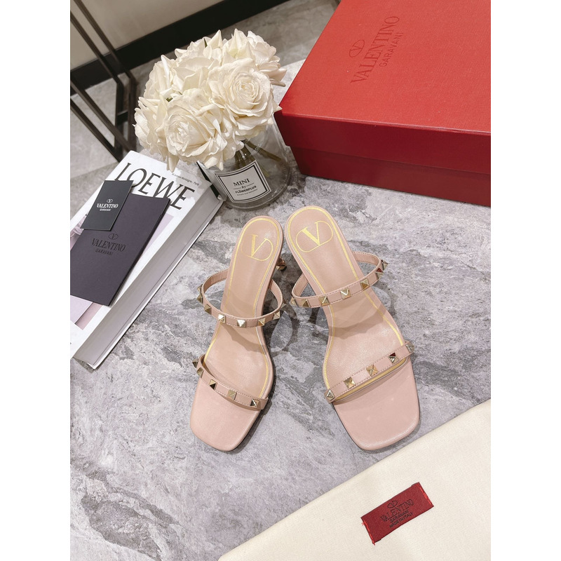 Valentino Garavani 70mm Rockstud 2-Band Slide Sandals Rose Cannelle