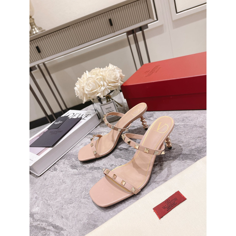 Valentino Garavani 70mm Rockstud 2-Band Slide Sandals Rose Cannelle