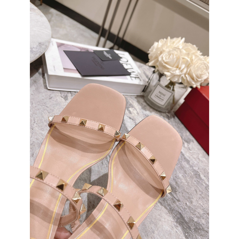 Valentino Garavani 70mm Rockstud 2-Band Slide Sandals Rose Cannelle