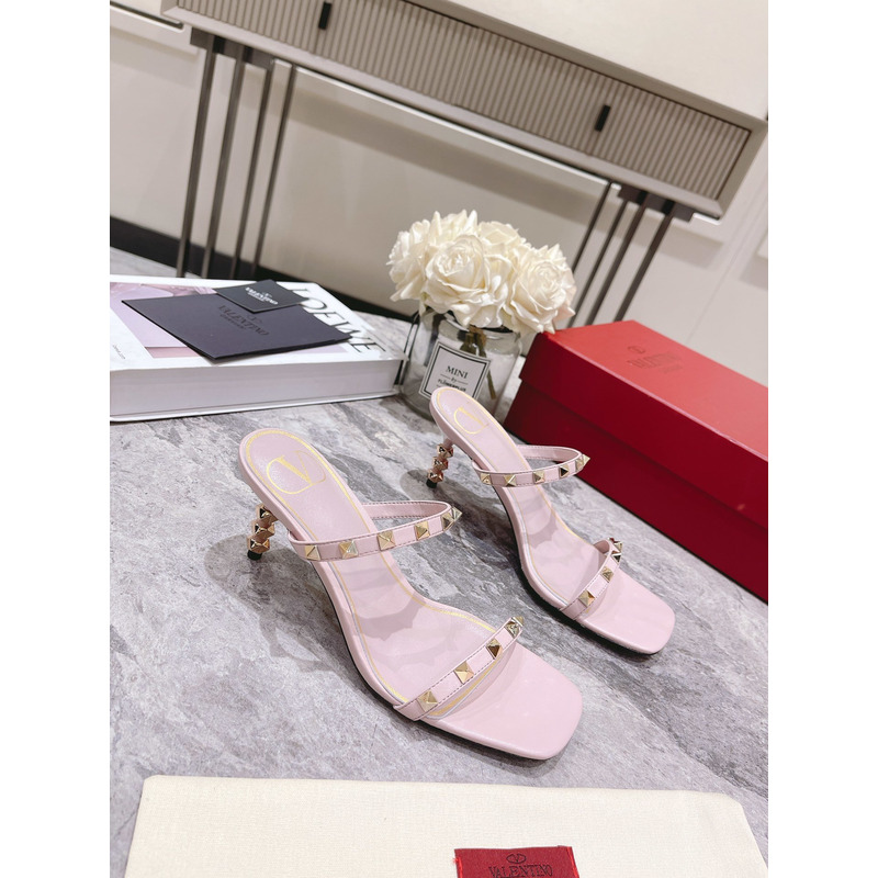 Valentino Garavani 70mm Rockstud 2-Band Slide Sandals Pale Pink