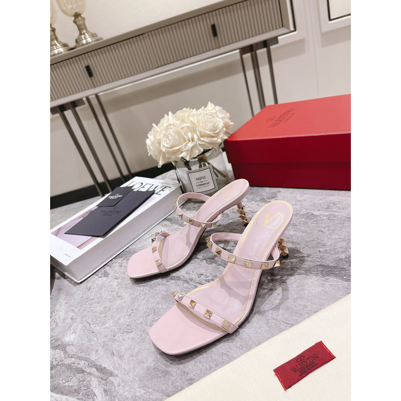 Valentino Garavani 70mm Rockstud 2-Band Slide Sandals Pale Pink