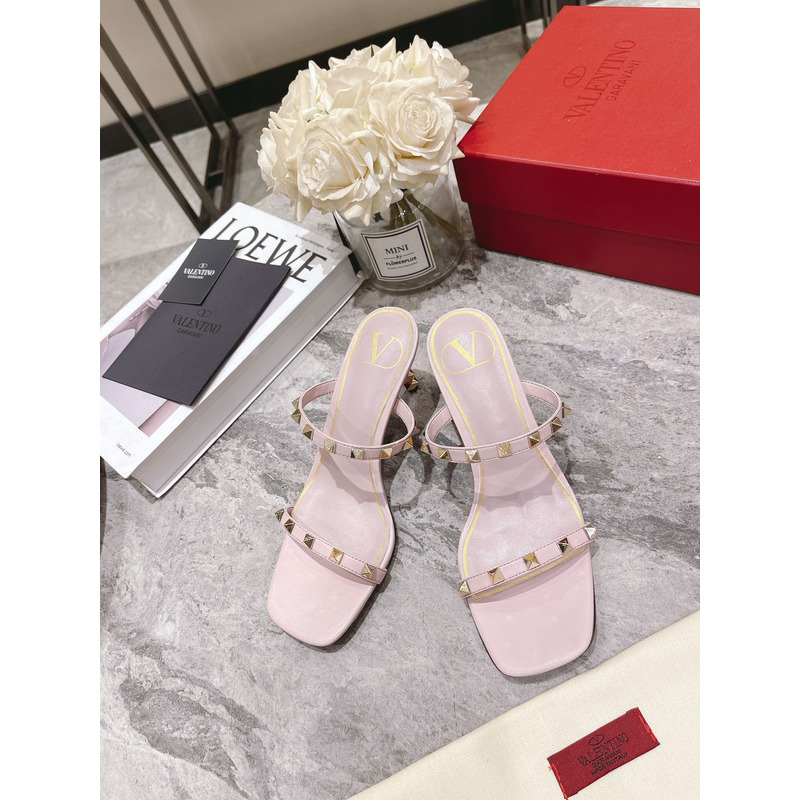 Valentino Garavani 70mm Rockstud 2-Band Slide Sandals Pale Pink