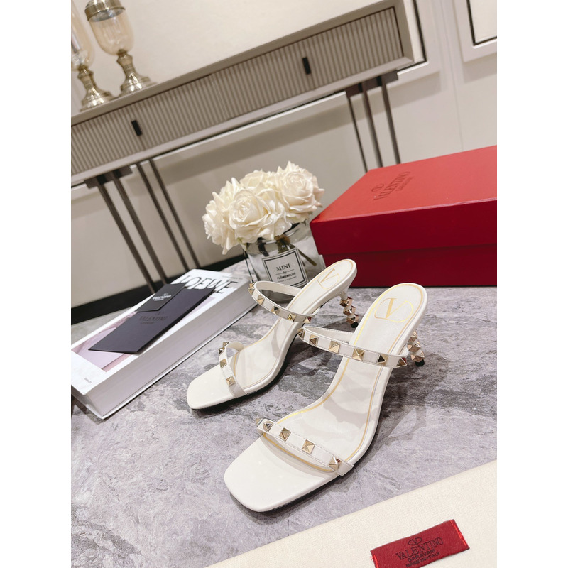 Valentino Garavani 70mm Rockstud 2-Band Slide Sandals Light Ivory