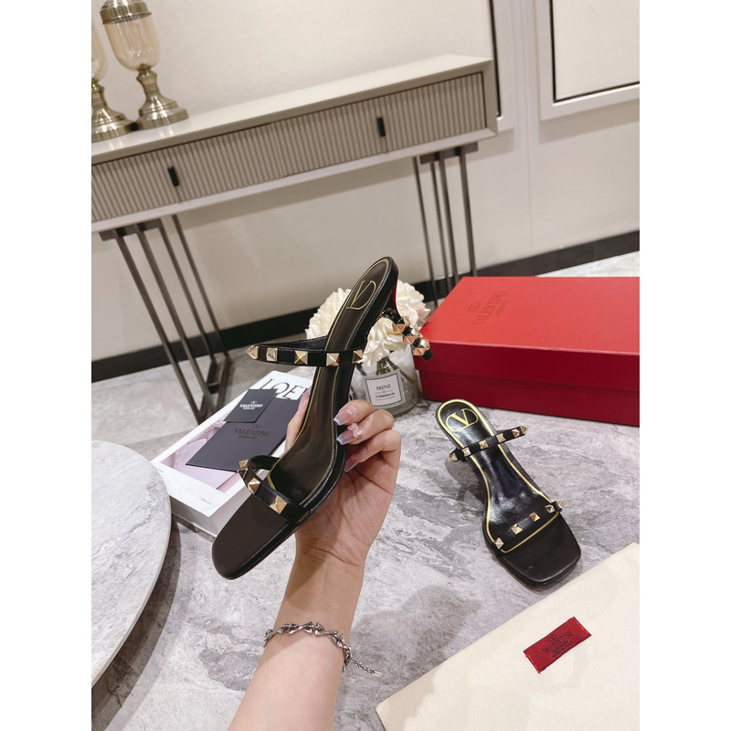 Valentino Garavani 70mm Rockstud 2-Band Slide Sandals Nero