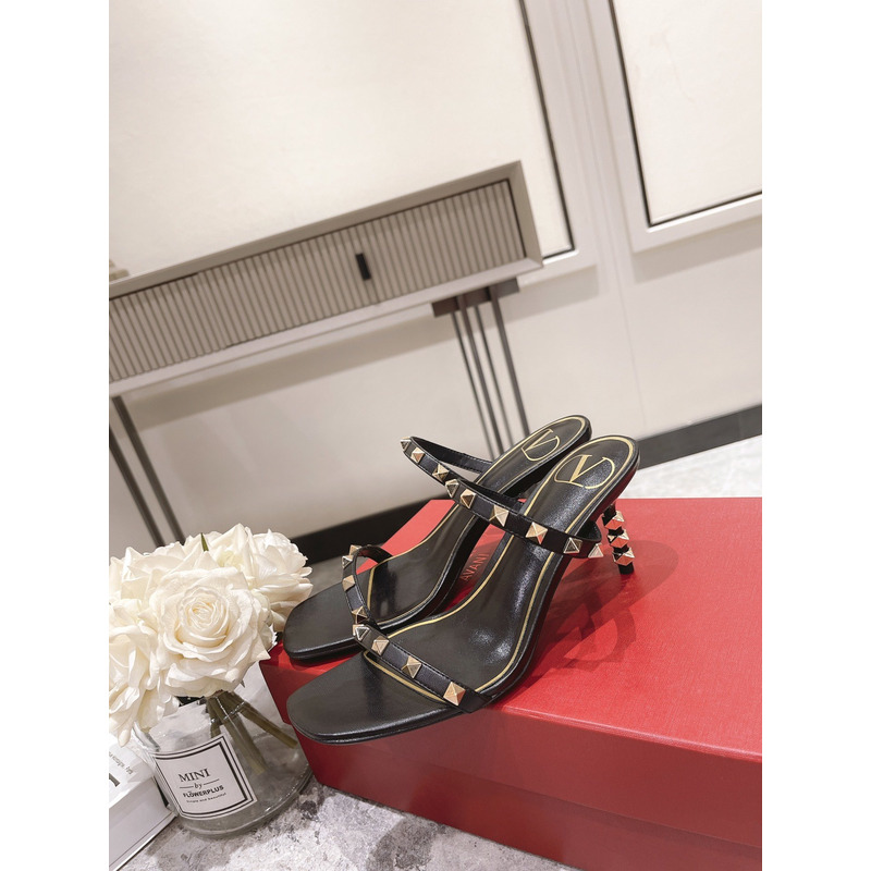 Valentino Garavani 70mm Rockstud 2-Band Slide Sandals Nero