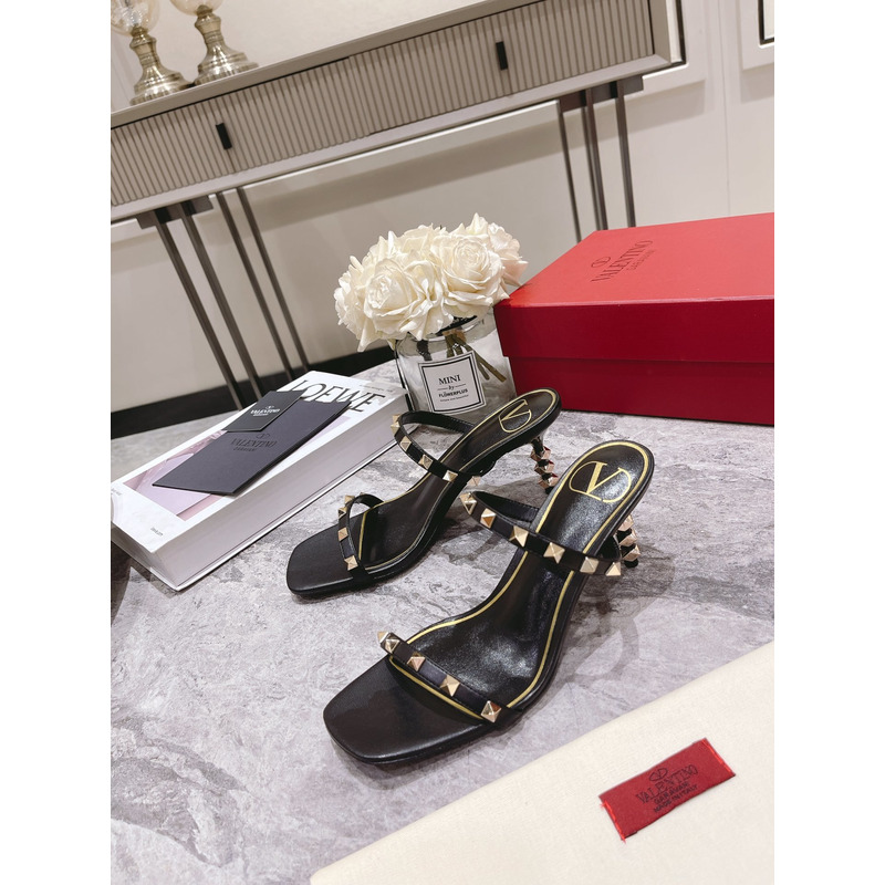 Valentino Garavani 70mm Rockstud 2-Band Slide Sandals Nero