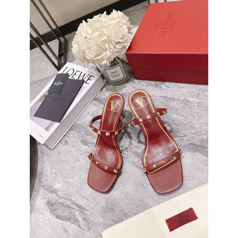 Valentino Garavani 70mm Rockstud 2-Band Slide Sandals Red