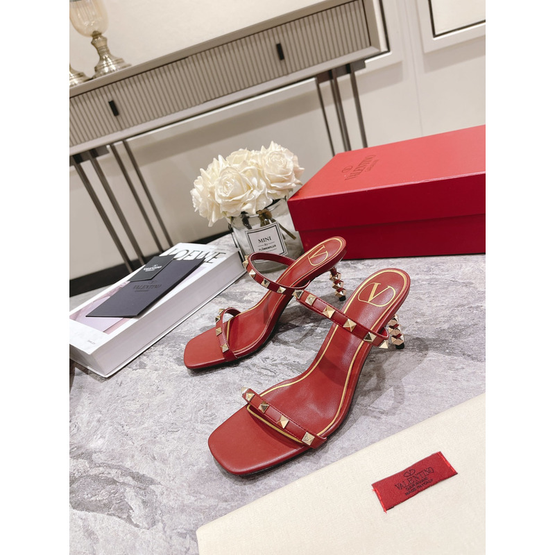 Valentino Garavani 70mm Rockstud 2-Band Slide Sandals Red